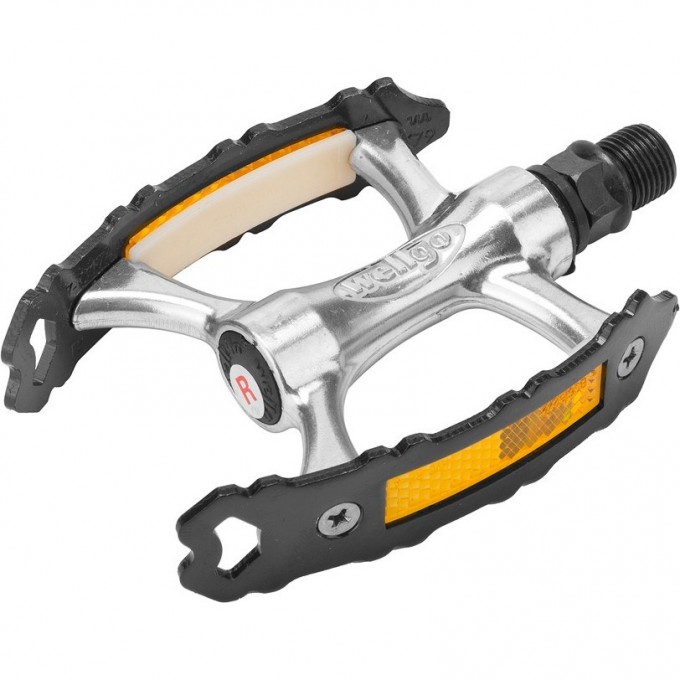 Педали C202 Wellgo ось 9/16" со светоотражателями, алюминиевые чёрно-серебристые 360096